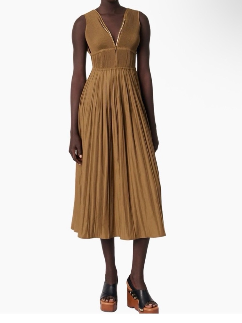 Maje Olive-Toned Sleeveless V-Neck Midi Dress with flaw